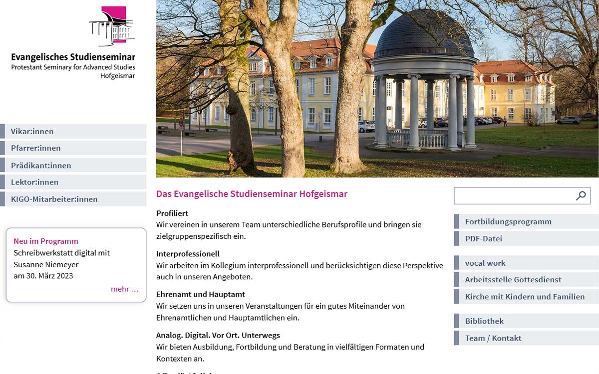 Internetauftritt des Evangelischen Studienseminars Hofgeismar